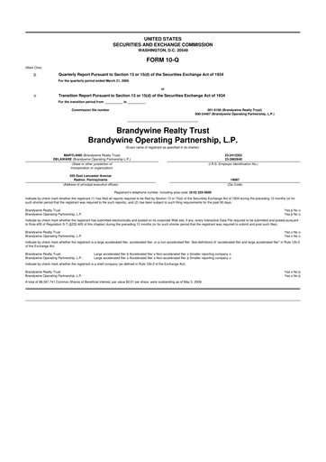 Thumbnail Brandywine Realty Trust
 10-Q Quarterly Report FY 