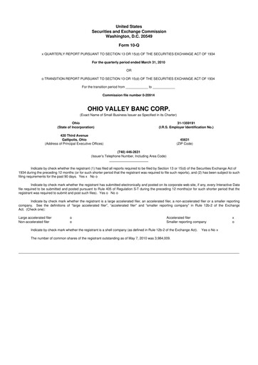 Thumbnail Ohio Valley Banc Corp 10-Q Quarterly Report FY 