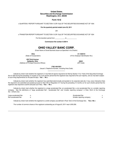 Thumbnail Ohio Valley Banc Corp 10-Q Quarterly Report FY 