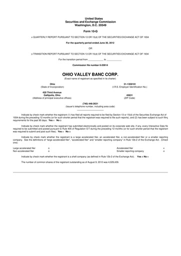 Thumbnail Ohio Valley Banc Corp 10-Q Quarterly Report FY 