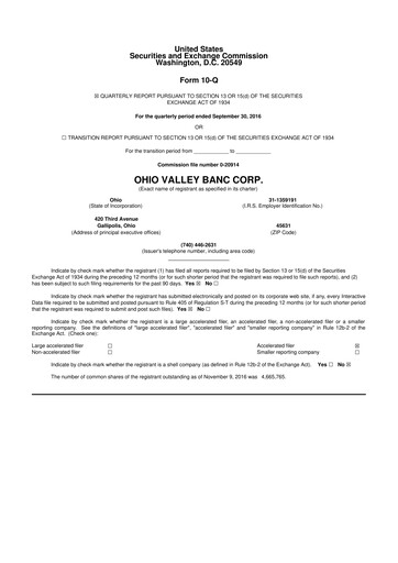 Thumbnail Ohio Valley Banc Corp 10-Q Quarterly Report FY2016 