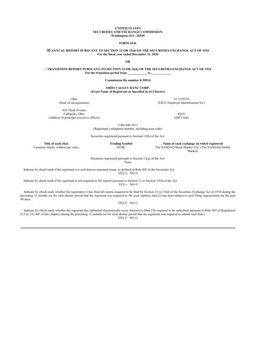 Thumbnail Ohio Valley Banc Corp 10-K Annual Report 2020