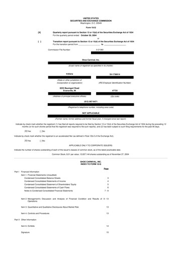 Thumbnail Shoe Carnival
 10-Q Quarterly Report FY 