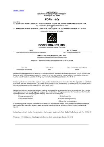 Thumbnail Rocky Brands 10-Q Quarterly Report FY2019 