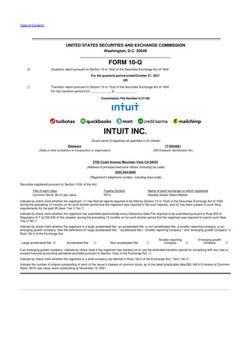 Miniature Intuit 10-Q Rapport trimestriel 2022 