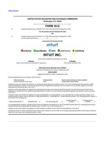 Miniature Intuit 10-Q Rapport trimestriel 2022 