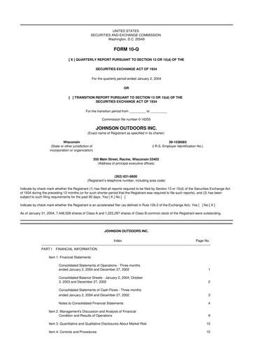 Thumbnail Johnson Outdoors
 10-Q Quarterly Report FY 
