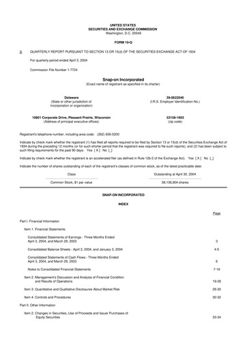 Miniature Snap-on 10-Q Rapport trimestriel  