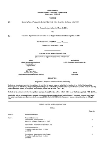 Vorschaubild Coeur Mining
 10-Q Quartalsbericht  