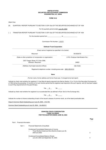 Thumbnail Oshkosh Corporation
 10-Q Quarterly Report FY 