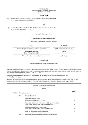 Vorschaubild Coeur Mining
 10-Q Quartalsbericht  