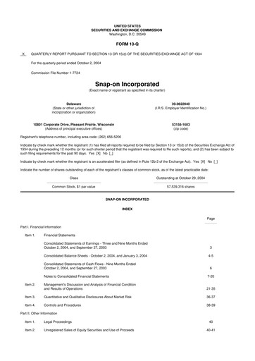 Miniature Snap-on 10-Q Rapport trimestriel  