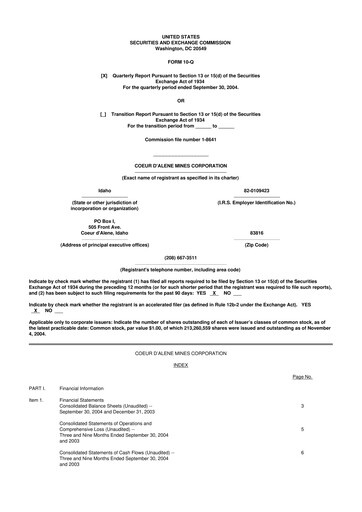 Vorschaubild Coeur Mining
 10-Q Quartalsbericht  