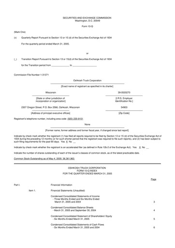 Thumbnail Oshkosh Corporation
 10-Q Quarterly Report FY 