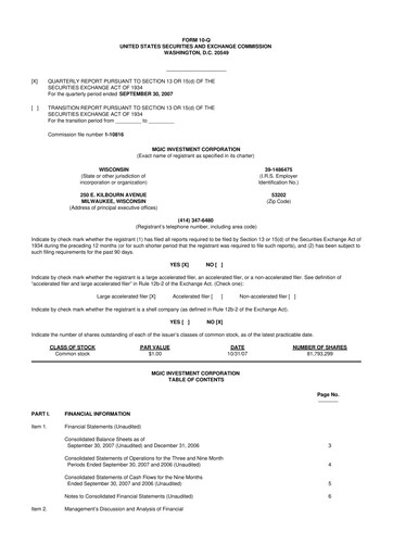 Thumbnail MGIC Investment
 10-Q Quarterly Report FY 