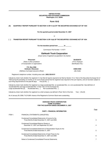 Thumbnail Oshkosh Corporation
 10-Q Quarterly Report FY 