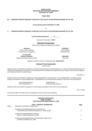 Thumbnail Oshkosh Corporation
 10-Q Quarterly Report FY 