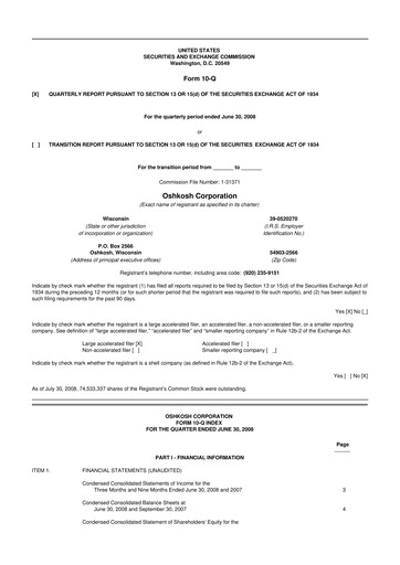 Thumbnail Oshkosh Corporation
 10-Q Quarterly Report FY 