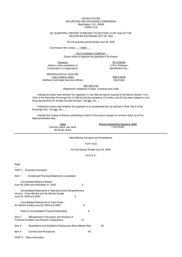 Miniature Hecla Mining
 10-Q Rapport trimestriel  
