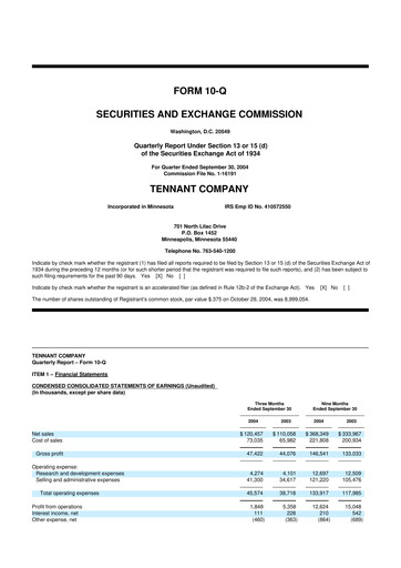 Thumbnail Tennant Company
 10-Q Quarterly Report FY 