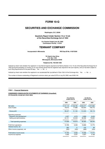 Thumbnail Tennant Company
 10-Q Quarterly Report FY 