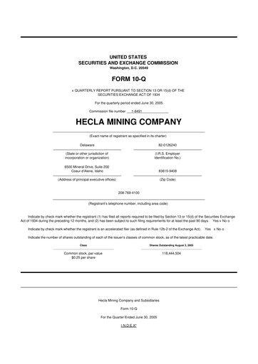 Miniature Hecla Mining
 10-Q Rapport trimestriel  