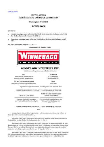 Thumbnail Winnebago Industries 10-K Annual Report 