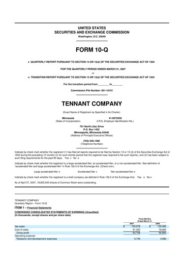 Thumbnail Tennant Company
 10-Q Quarterly Report FY 