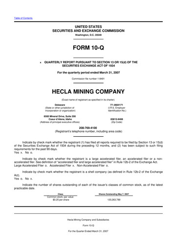 Miniature Hecla Mining
 10-Q Rapport trimestriel  