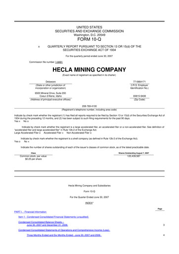 Miniature Hecla Mining
 10-Q Rapport trimestriel  