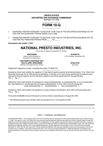 Thumbnail National Presto Industries
 10-Q Quarterly Report FY 