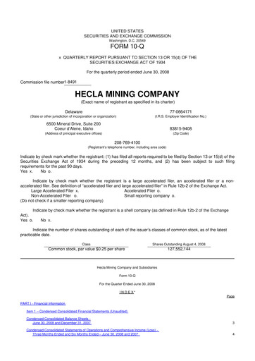 Miniature Hecla Mining
 10-Q Rapport trimestriel  