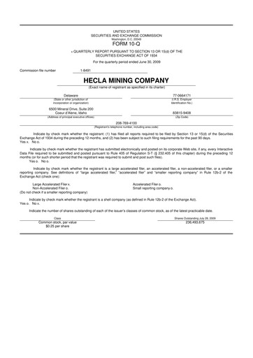 Miniature Hecla Mining
 10-Q Rapport trimestriel  