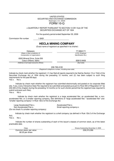Miniature Hecla Mining
 10-Q Rapport trimestriel  