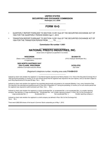 Thumbnail National Presto Industries
 10-Q Quarterly Report FY2012 