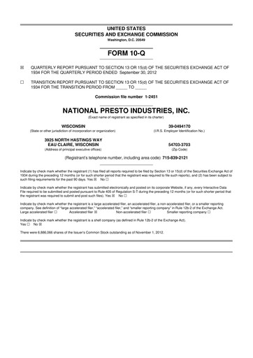 Thumbnail National Presto Industries
 10-Q Quarterly Report FY2012 