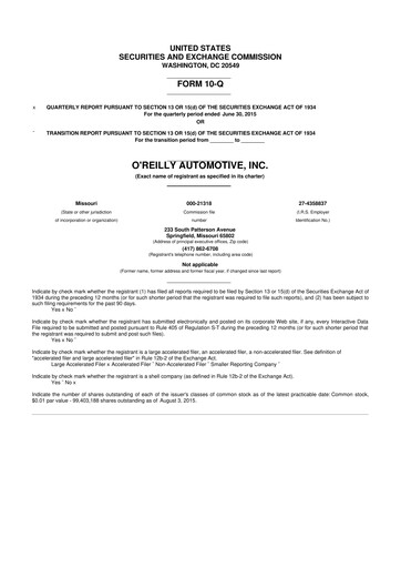 Thumbnail O'Reilly Automotive 10-Q Quarterly Report FY2015 