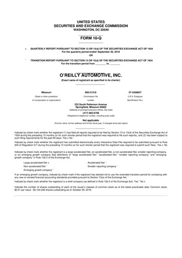 Thumbnail O'Reilly Automotive 10-Q Quarterly Report FY2018 