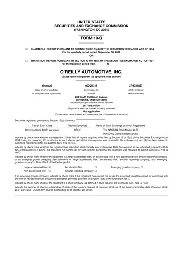 Thumbnail O'Reilly Automotive 10-Q Quarterly Report FY2019 