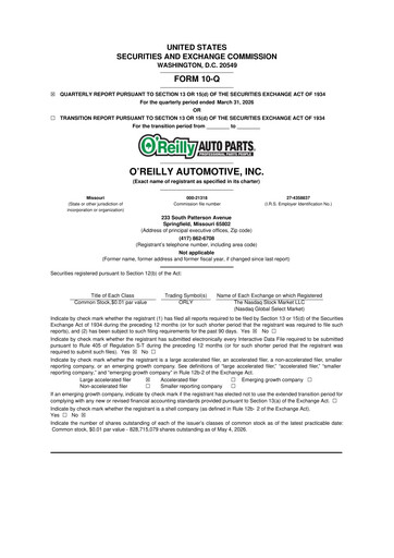 Thumbnail O'Reilly Automotive 10-Q Quarterly Report FY 