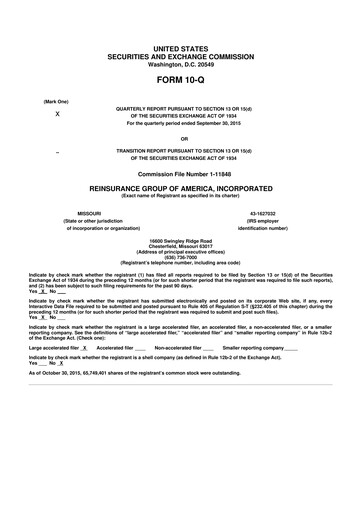 Miniature Reinsurance Group of America
 10-Q Rapport trimestriel 2015 