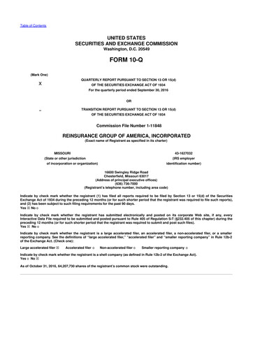 Miniature Reinsurance Group of America
 10-Q Rapport trimestriel 2016 