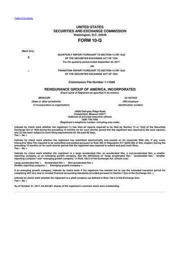 Miniature Reinsurance Group of America
 10-Q Rapport trimestriel 2017 