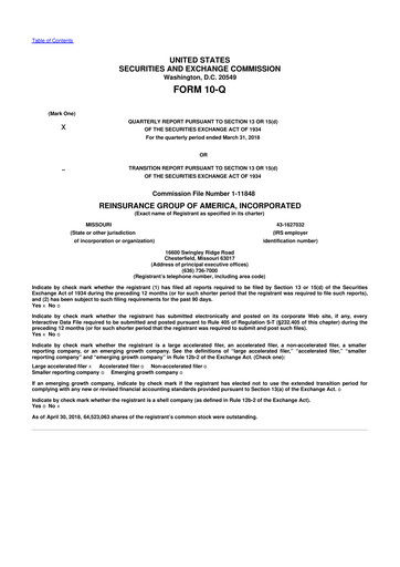 Miniature Reinsurance Group of America
 10-Q Rapport trimestriel 2018 