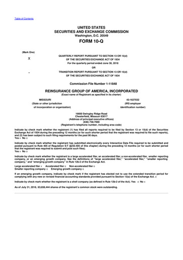 Miniature Reinsurance Group of America
 10-Q Rapport trimestriel 2018 