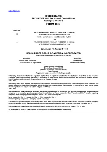 Miniature Reinsurance Group of America
 10-Q Rapport trimestriel 2018 