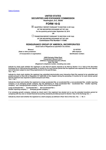 Miniature Reinsurance Group of America
 10-Q Rapport trimestriel 2019 