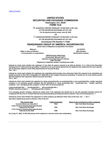 Miniature Reinsurance Group of America
 10-Q Rapport trimestriel 2022 