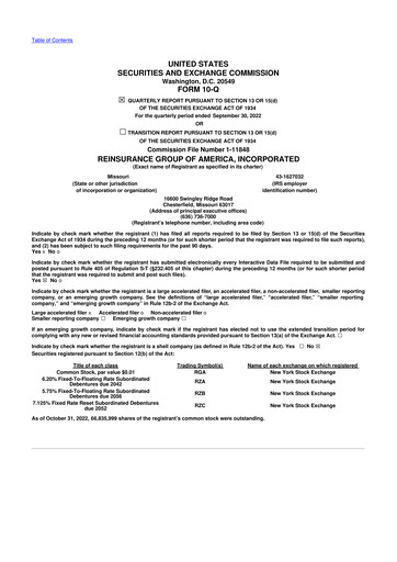 Miniature Reinsurance Group of America
 10-Q Rapport trimestriel 2022 