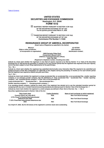 Thumbnail Reinsurance Group of America
 10-Q Quarterly Report FY 
